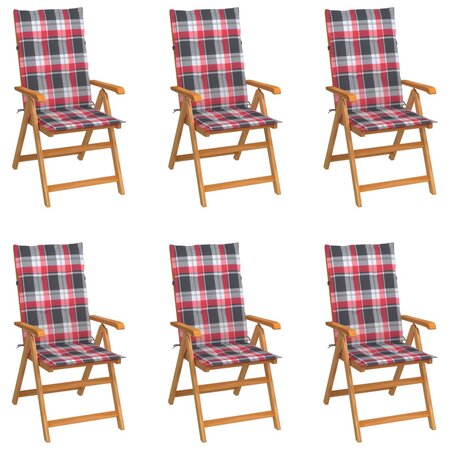 vidaXL Chaises de jardin lot de 6 et coussins carreaux rouge Bois teck