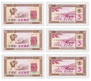 Billet de Collection Billet de Collection LOT 3 X 3 leke 1976 Albanie - Neuf - P41 - 3 Numéros qui se suivent