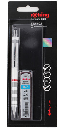 Rotring tikky 1 porte-mine blanc 0 7mm  1 étui de 12 mines 0 7mm 2b - blister