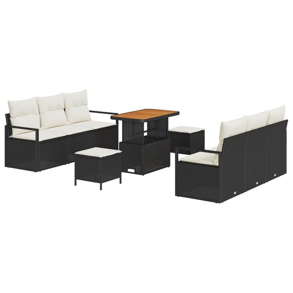 vidaXL Ensemble de canapé de jardin 9 pièces avec coussins Noir Rotin de polyéthylène Acacia