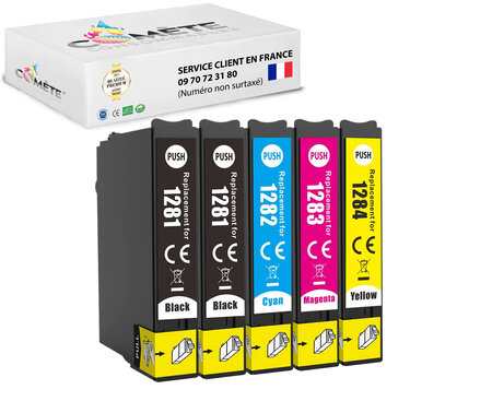 COMETE- Marque française T1285 - 5 cartouches d'encre compatibles avec epson t1285 renard (t1281 t1282 t1283 t1284)  - 2 noirs 1 cyan 1 magenta 1 jaune