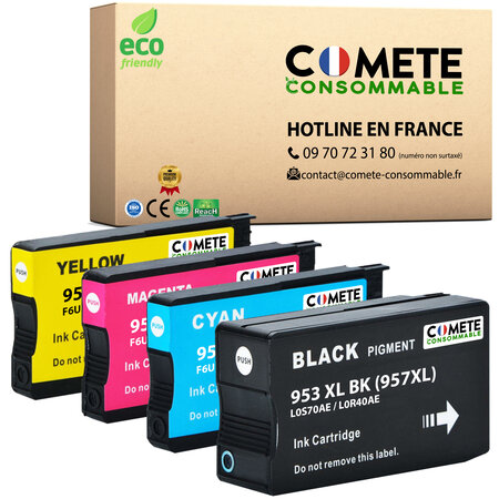 COMETE, Marque française - 953XL - Lot De 4 Cartouches d'encre Compatibles avec HP 953 XL - 1 Cartouche 953 XL Noir + 1 Cartouche Cyan + 1 Cartouche Magenta + 1 Cartouche Jaune