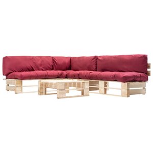 vidaXL Salon de jardin palette 4 Pièces avec coussins rouge bois