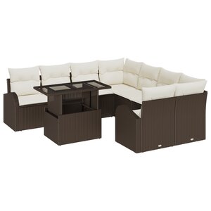 Ensemble de Canapés de Jardin 9 Pièces avec Coussins Marron Rattan Poly
