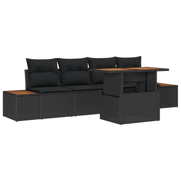 vidaXL Ensemble de salle à manger 5 pièces de jardin avec coussins noir poly rotin acacia