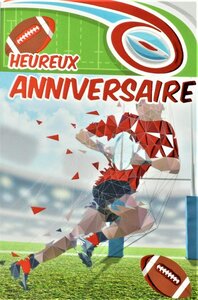 Carte heureux anniversaire rugby homme rouge brillant avec enveloppe 12x17 5cm