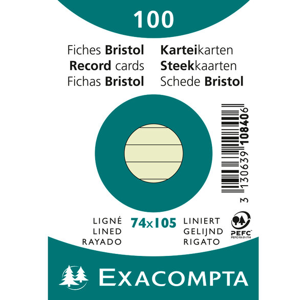Paquet 100 fiches sous film - bristol ligné non perforé 74x105mm - Vert EXACOMPTA