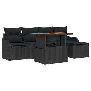 Ensemble de 6 Canapés de Jardin avec Coussins en Rattan Noir et Acacia