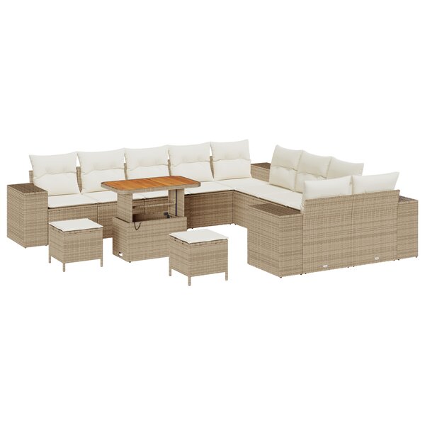Ensemble de canapé de jardin 13 pièces avec coussins beige Poly Rattan Acacia