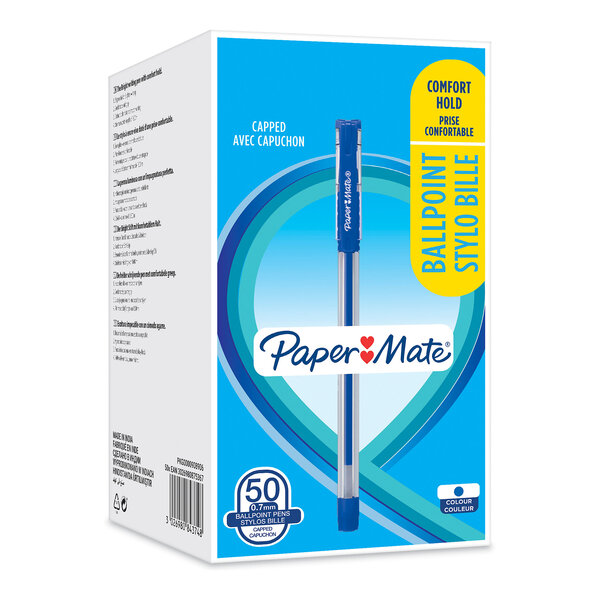 Paper mate brite - boite de 50 stylos bille avec capuchon - bleu - pointe 0.7mm