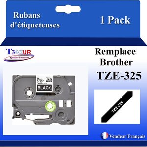Ruban d'étiqueteuse compatible avec Brother Tze325 Tze-325 pour étiqueteuses P-touch - Texte blanc sur fond noir - Largeur 9 mm x 8 mètres - T3AZUR