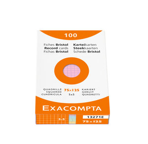 Étui de 100 fiches bristol quadrillé 5x5 non perforé 75x125mm Assorties EXACOMPTA