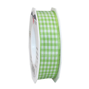 Ruban textile carreau de vichy 20-m-rouleau 25 mm mit draht vert pomme/blanc