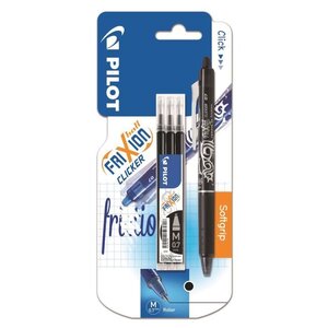 PILOT FriXion Ball Clicker sous blister - Pointe moyenne - Avec étui de 3 recharges noir