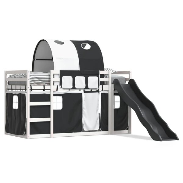 vidaXL Lit superposé avec toboggan et rideaux blanc et noir 90x200 cm