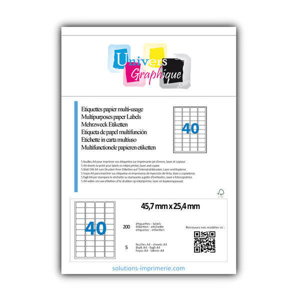 Lot de 5 planches a4 de 40 étiquettes à bords ronds 45 7 x 25 4 mm en papier blanc 70g/m² multifonction