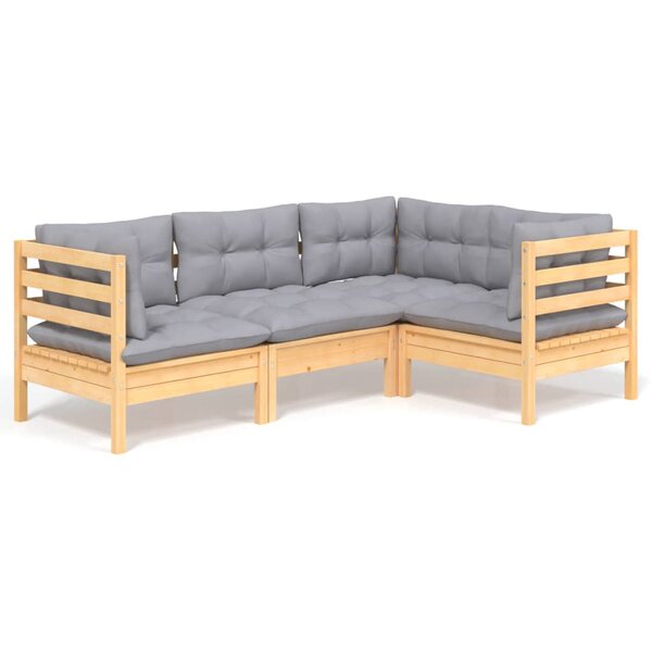 vidaXL Salon de jardin 4 Pièces avec coussins gris Bois de pin