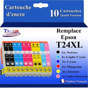 T3AZUR- 10x Cartouches Compatibles avec Epson 24XL 24 XL remplace Epson Expression Photo XP-55 XP-750 XP-760 XP-850 XP-860 XP-950 XP-960 XP-970
