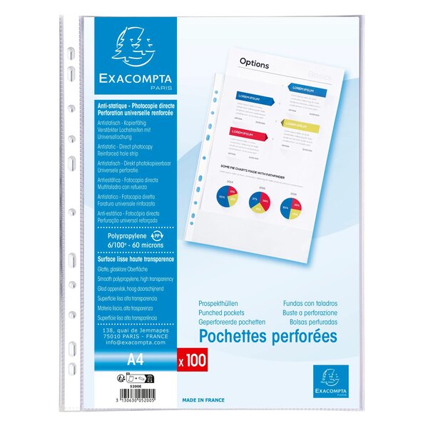 Sachet De 100 Pochettes Perforées Polypropylène Lisse 5/100e - A4. - Cristal - X 10 - Exacompta