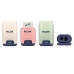 Milan Compact Series 1918 Présentoir de 16 Aiguiseurs Compacts avec Gomme - Aiguiseur Double - Lame de Sécurité - Coloris Beige  Bleu  Rose et Vert