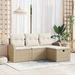 vidaXL Set de Canapé de Jardin 4 Pièces avec Coussins Beige Poly Rattan