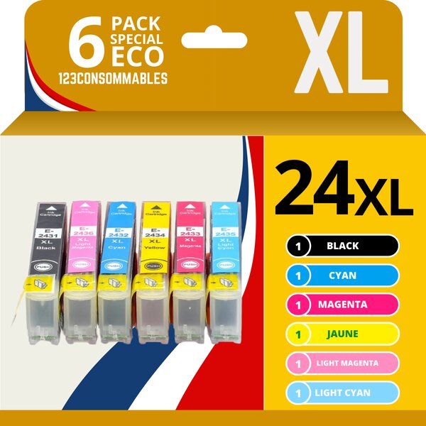 123CONSOMMABLES - 24XL - Cartouches d'encre Compatible pour Epson Expression Home XP-850 XP-750 XP-950 XP-55 XP-860 XP-760 XP-960 (1 BK / 1 C / 1 M / 1 Y / 1PC / 1PM)