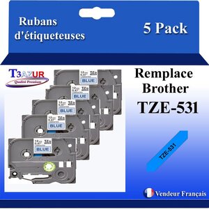 5x Rubans d'étiqueteuses compatibles avec Brother Tze531 Tze-531 pour étiqueteuses P-touch - Texte noir sur fond bleu - T3AZUR