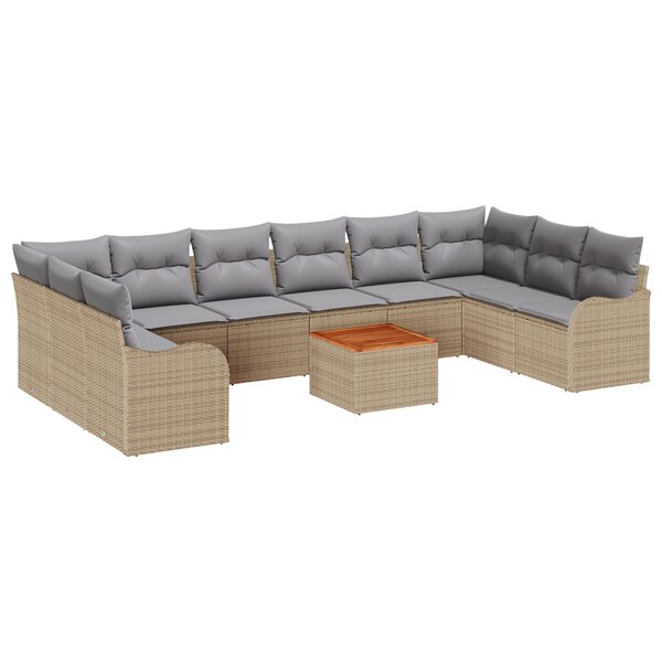 Ensemble de canapé de jardin de 10 pièces avec coussins beige poly rattan acacia