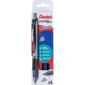 Pochette de 4 Rollers encre gel ENERGEL BL77 Noir Rouge Bleu Bleu nuit PENTEL