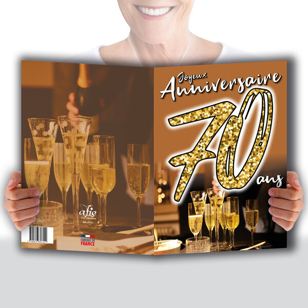 MAXI Grande Carte Géante XXL pour ANNIVERSAIRE 70 ANS Mixte H/F + Enveloppe format 32x23cm - Chiffres Nombre Doré Fêter Flutes Champagne Pétillant Bulles de Bonheur Trinquer Fabriqué en France MX-5070