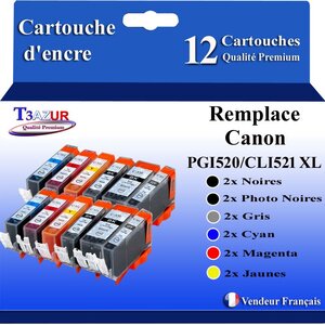 T3AZUR - 12x Cartouches compatibles avec Canon CLI521 CLI-521 XL pour Canon Pixma MP980 MP990