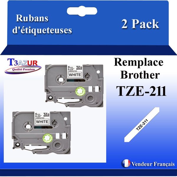 2x Rubans d'étiqueteuses compatibles avec Brother Tze211 Tze-211 pour étiqueteuses P-touch - Texte noir sur fond blanc - Largeur 6 mm x 8 mètres - T3AZUR
