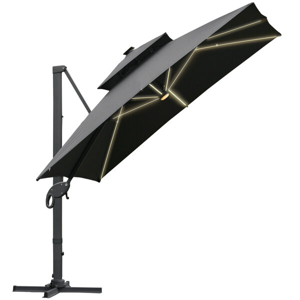 Parasol déporté rectangulaire parasol LED inclinable pivotant manivelle acier alu. dim. 3L x 3l x 2 66H m polyester gris