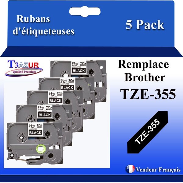 5x Rubans d'étiqueteuses compatibles avec Brother Tze355 Tze-355 pour étiqueteuses P-touch - Texte blanc sur fond noir - Largeur 24 mm x 8 mètres - T3AZUR