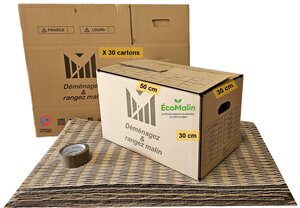 Kit Déménagement T2 – 30 cartons 50x30x30 cm  rouleau adhésif 68m  tapis de calage. Economique et prêt à l’emploi !