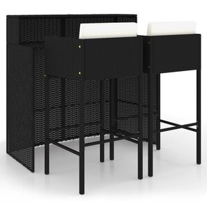 vidaXL Ensemble de bar de jardin 3 Pièces et coussins Résine tressée Noir