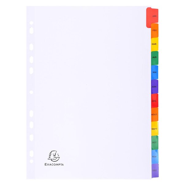 Intercalaires Imprimés mensuels carte blanche 160g - 12 positions - A4 Blanc x 20 EXACOMPTA