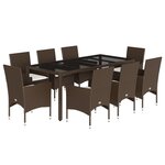 vidaXL Ensemble à manger de jardin et coussins 9Pièces marron rotin verre