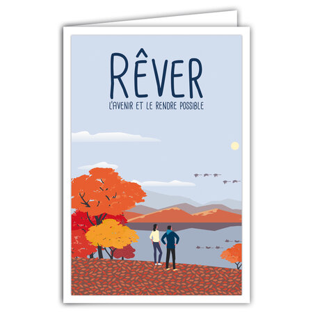 Carte RÊVER l'avenir et le rendre possible avec Enveloppe - Affichette Mini Poster Format 17x11 5cm Style Rétro Vintage Illustration Graphique - Couple Arbres Automne Migration Oiseaux