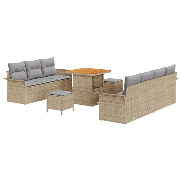 Ensemble de sofa de jardin de 10 pièces avec coussins beige en poly rotin acacia
