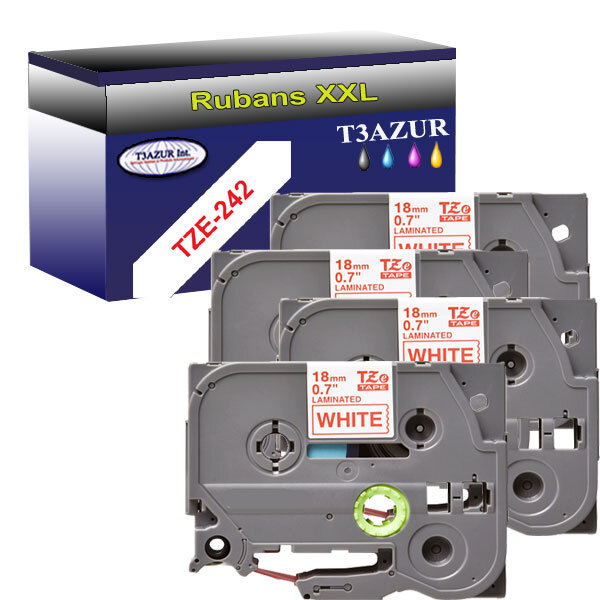 4 x Rubans pour étiquettes laminées génériques Brother Tze-242 pour étiqueteuses P-touch - Texte rouge sur fond blanc - T3AZUR
