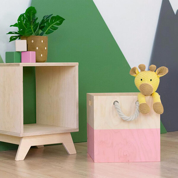 Boîte de rangement bois modèle 3 - poignées corde - Rose et bois naturel - 33 x 33 x 37 cm