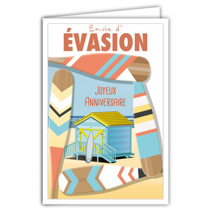 Carte Joyeux Anniversaire avec Enveloppe - Mini Posters Format 17x11 5cm - Envie d'évasion Cabine de Plage Sable Mer Surf Rames Pagaies Rétro Vintage - Fabriquée en France