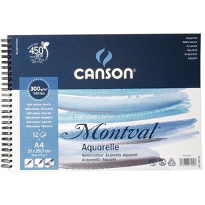 CANSON Album spiralé 12 feuilles papier aquarelle MONTVAL, A4, 300G, grain fin blanc naturel