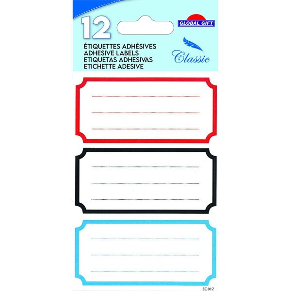 12 étiquettes adhésives scolaires - Rectangle vintage 3 couleurs