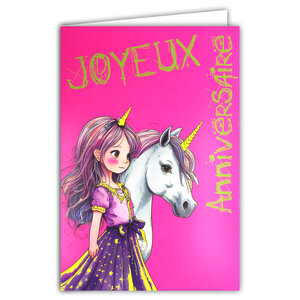 Carte FLUO Joyeux Anniversaire Fille avec Enveloppe 12x17 5cm - Licorne Poney