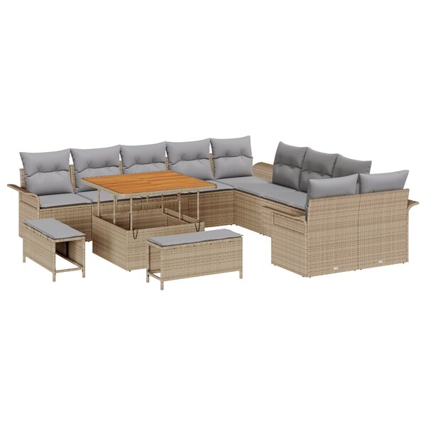 Ensemble de canapé de jardin 13 pièces avec coussins beige poly rotin acacia