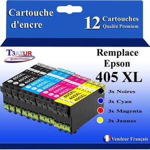 T3AZUR - 12 Cartouches compatibles avec Epson 405 405 XL pour Epson Workforce Pro WF-7800 WF-7830DTWf WF-7835 DTWf WF-7840DTWf WF-7310DTW WF-7830DTW