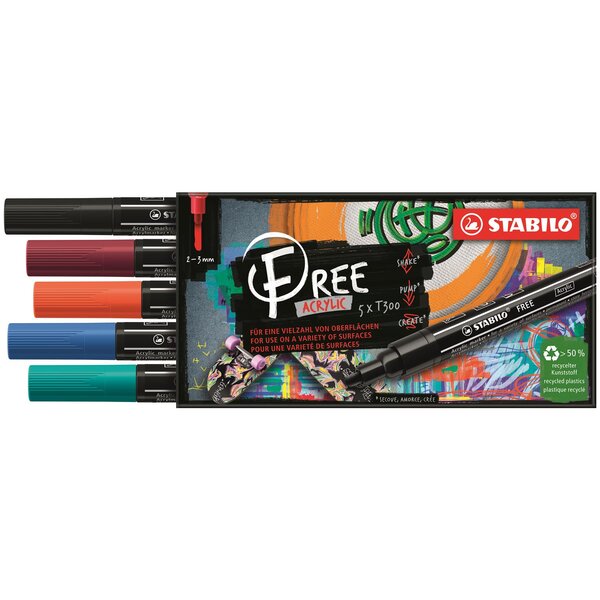 Etui carton 5 marqueurs pointe moyenne FREE acrylic T300 Set 2 'Urban' x 5 STABILO