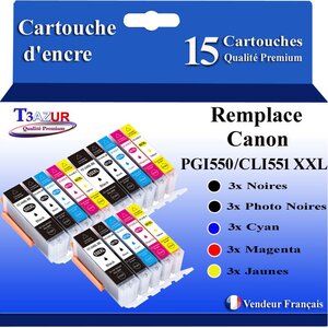 T3AZUR - 15x Cartouches compatibles avec Canon Canon PGI-550 CLI-551 XL pour Canon Pixma iP7250 MG5650 MX925 iX6850 MG5550 MG5450 MG6650 MX920 MG5400 MG6450 MG7500 MX725